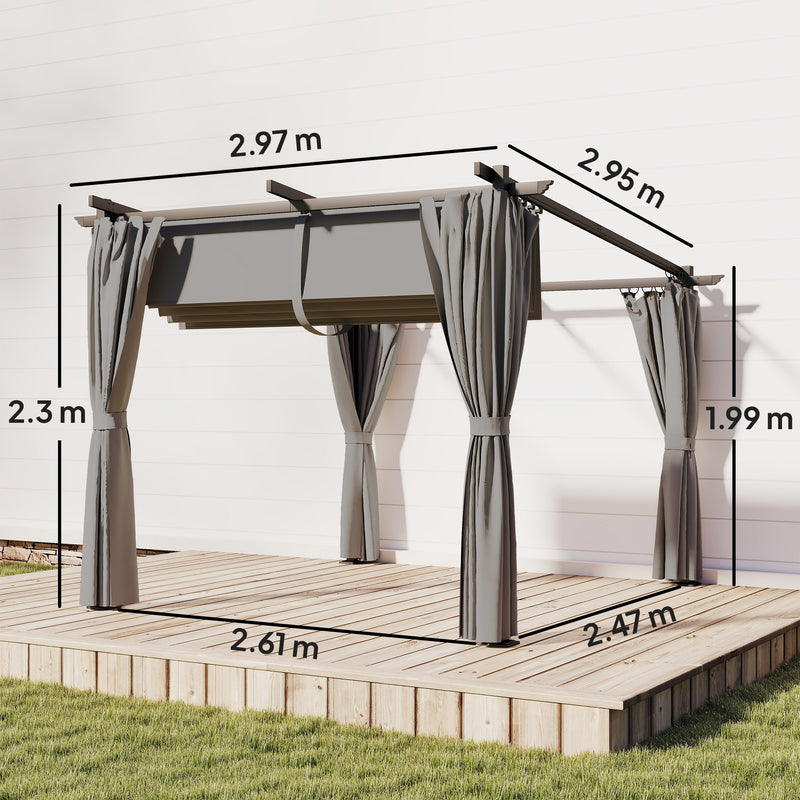 3x3m Metal Retractable Pergola With Side Curtains for Flexible Outdoor Shade, Grey
