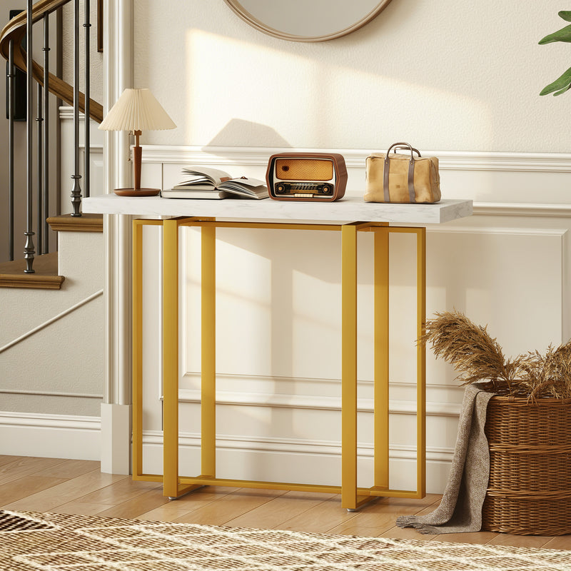 Narrow Console Table with Faux Marble Top and Steel Frame for Hallway Use White AOSOM