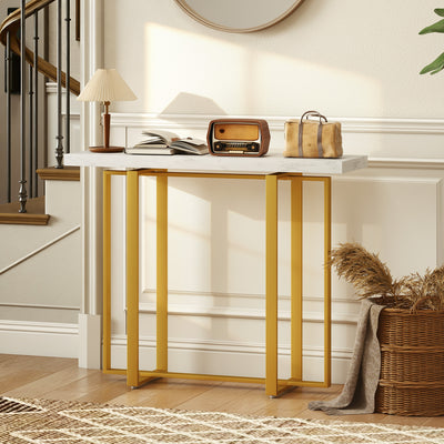 Narrow Console Table with Faux Marble Top and Steel Frame for Hallway Use White AOSOM