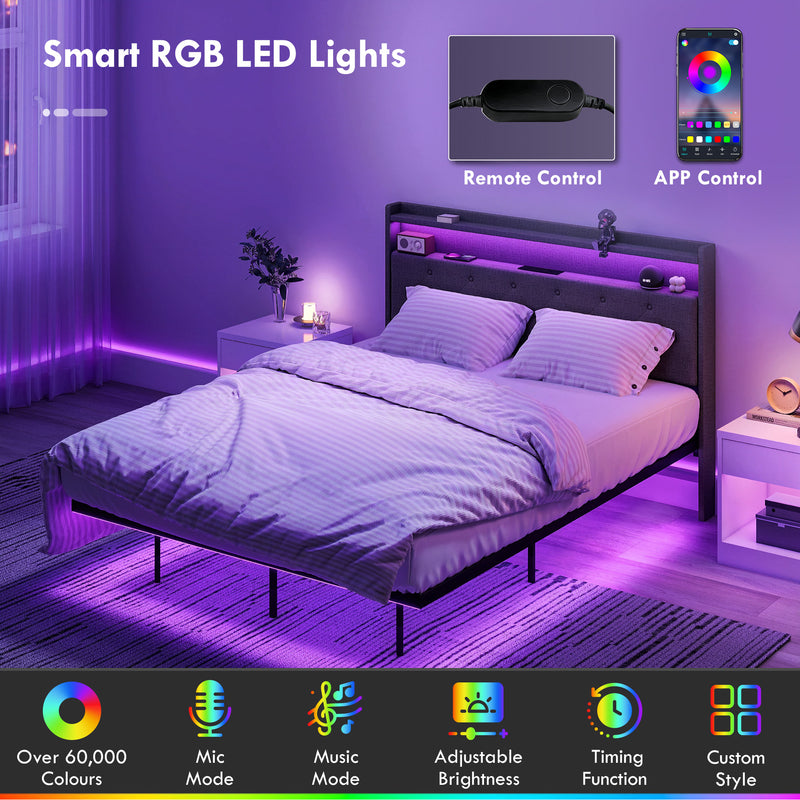 Double Floating Bed Frame with LED Lights, Charging Ports and Storage Shelves, Grey Homcom