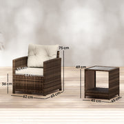 Rattan Bistro Set for 2 with Cushioned Chairs and Glass Table for Small Outdoor Spaces Outsunny