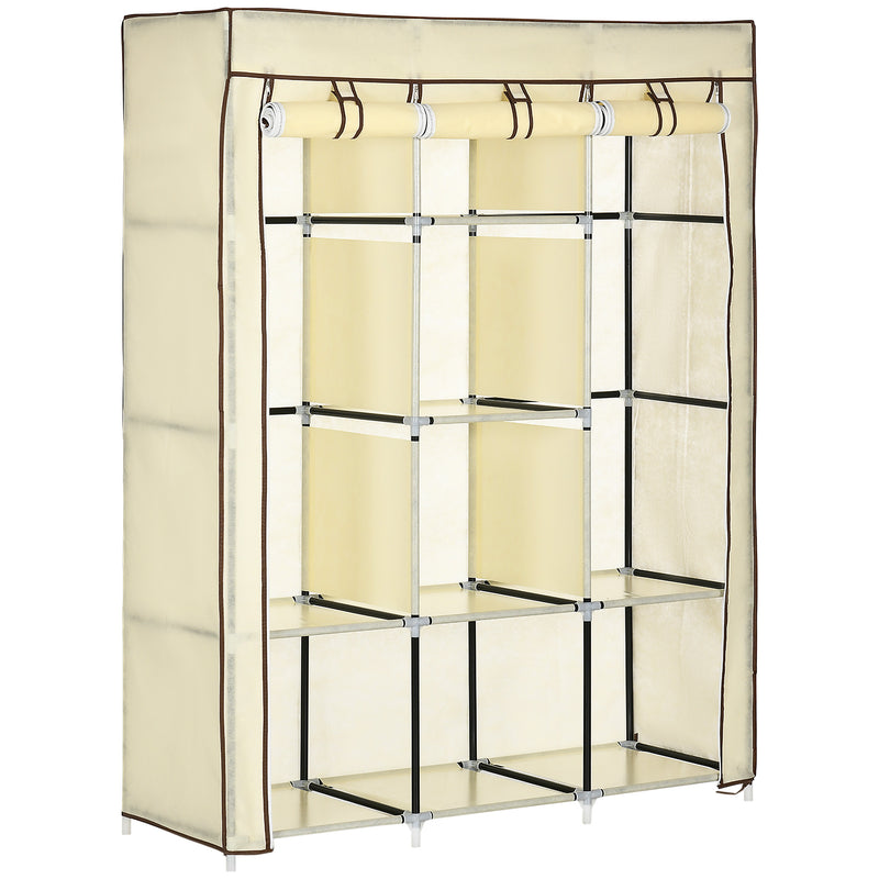 Cream White Fabric Portable Wardrobe with 8 Shelves and 2 Hanging Rods by HOMCOM