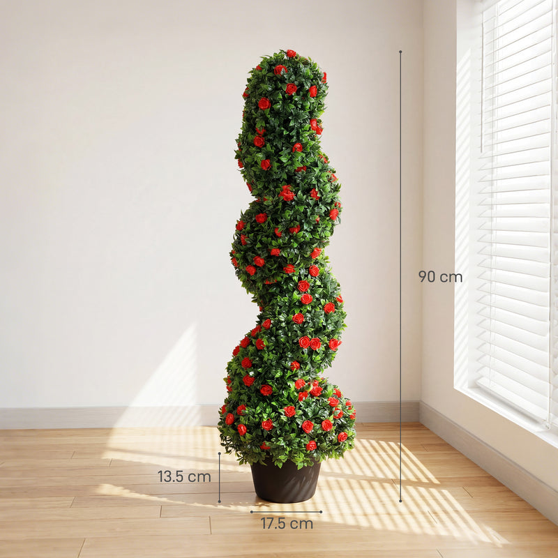 Artificial Rose Spiral Topiary Trees Set of 2 for Easy Care Doorway or Patio Display Red AOSOM