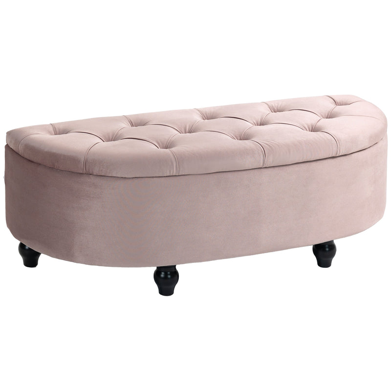 Semi Circle Storage Ottoman Bench With Tufted Seat For Bedroom Or Hallway, Pink