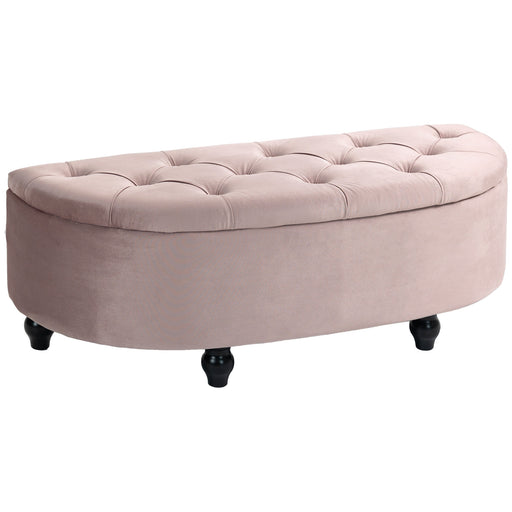 Semi Circle Storage Ottoman Bench With Tufted Seat For Bedroom Or Hallway, Pink