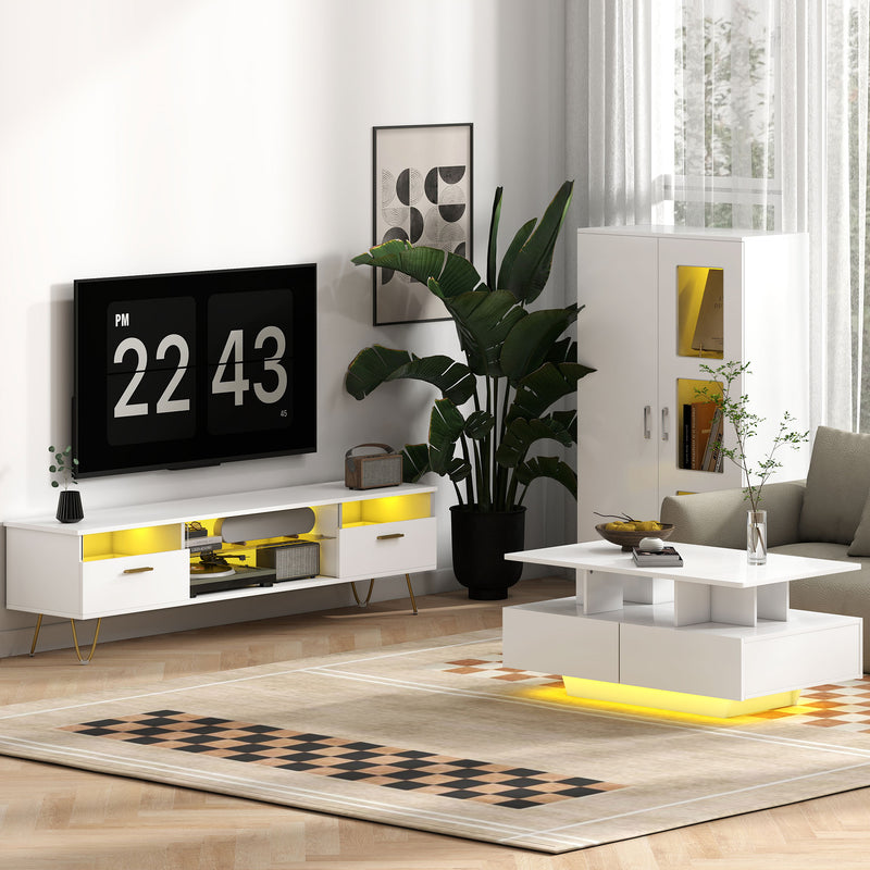 Modern High Gloss Sideboard with LED Lights and Glass Shelves for Living Room Storage, White