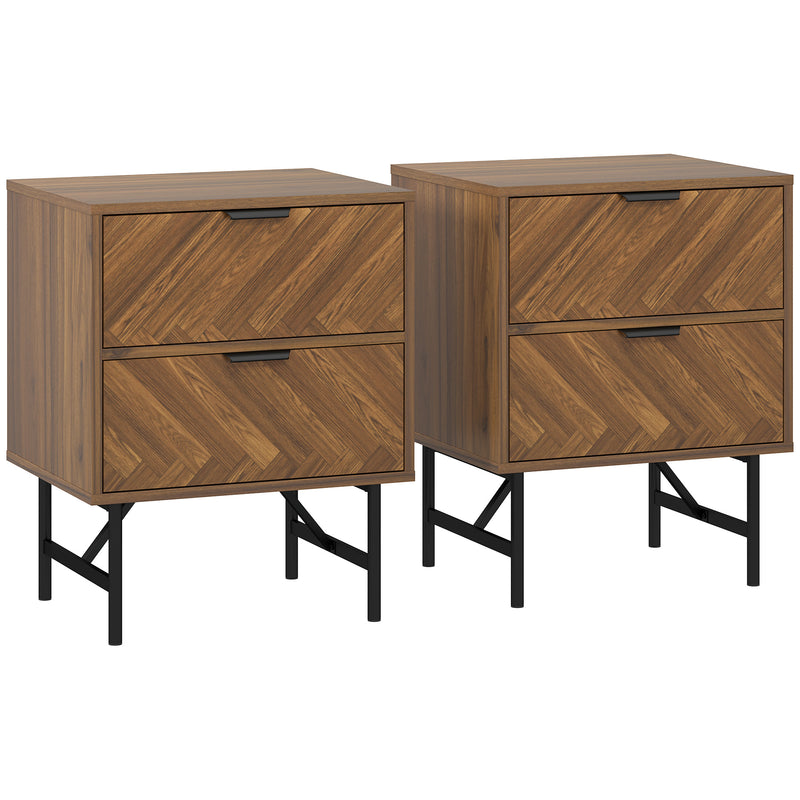 Set of 2 Modern Bedside Tables with Drawers and Metal Legs for Bedroom Walnut Brown