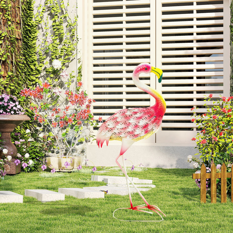 Pink Metal Flamingo Garden Statue with Ground Stakes for Outdoor Pond Decor by Outsunny