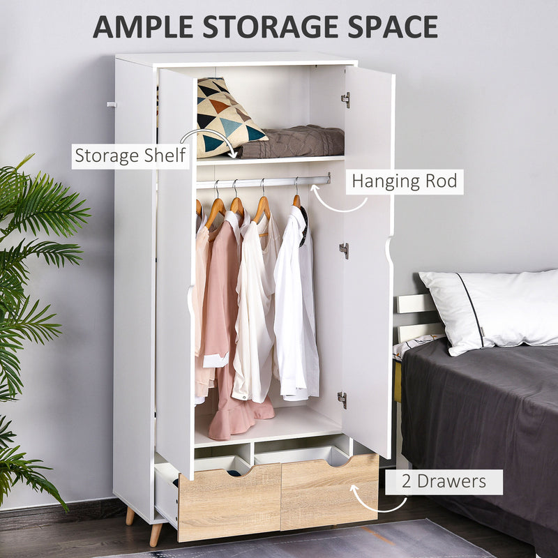 3 Piece Bedroom Furniture Set with Wardrobe Storage and Bedside Table, White and Wood AOSOM
