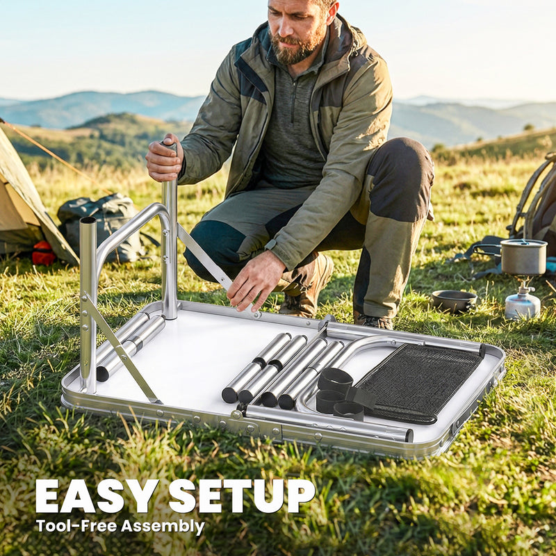 Folding Camping Table with Adjustable Height and Mesh Storage for Outdoor Meals Black and Silver