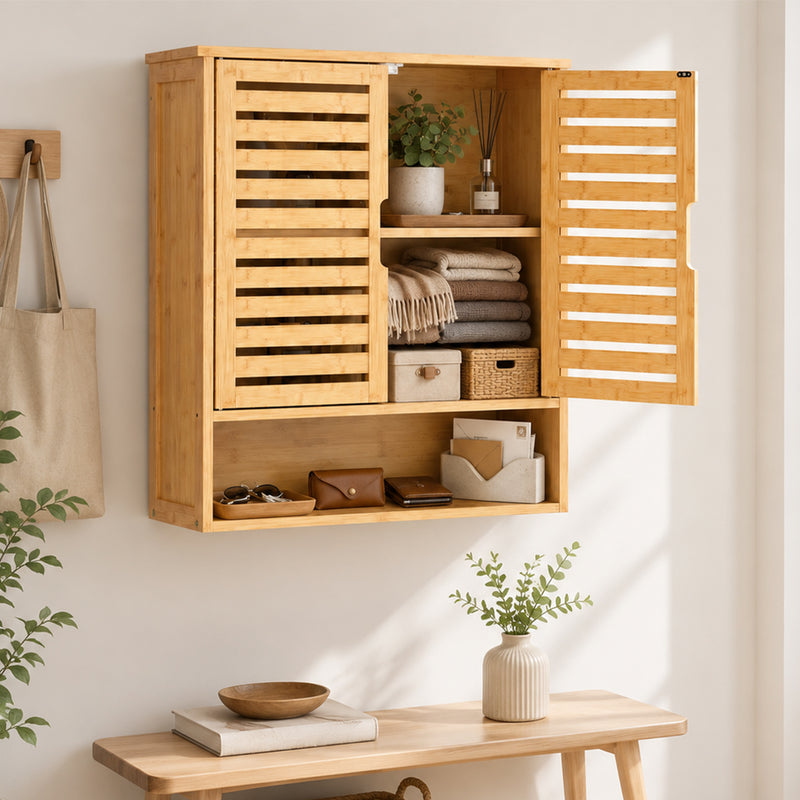 Bathroom Wall Cabinet with Adjustable Shelf and Open Storage for Organised Sinks Oak