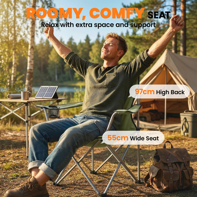 Folding Camping Chair Set of 2 with Wide Seat and Cup Holder for Garden or Trips Army Green