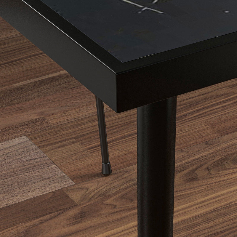 Black Square Garden Table for 4 with Marble Effect Glass Top and Steel Frame for Patio