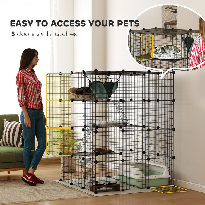 Black Steel Wire Cat Cage with Hammock and Ramps for 1-3 Cats by PawHut