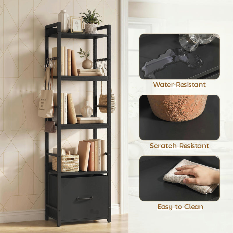 Slim Bookshelf with Drawer and Hooks for Small Spaces and Organised Storage Black AOSOM