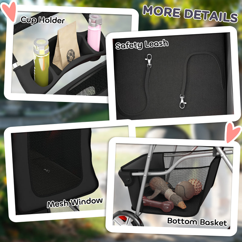 Foldable Pet Stroller With 360 Degree Swivel Wheels And Reflective Strips, Black