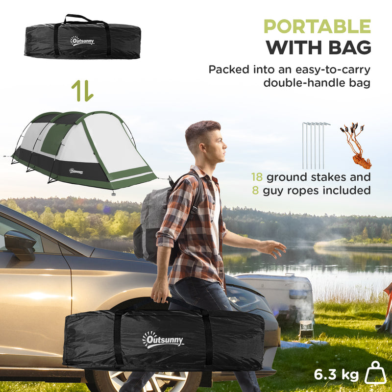 Outsunny Three-Man Camping Tent, with Two Rooms and Porch - Green