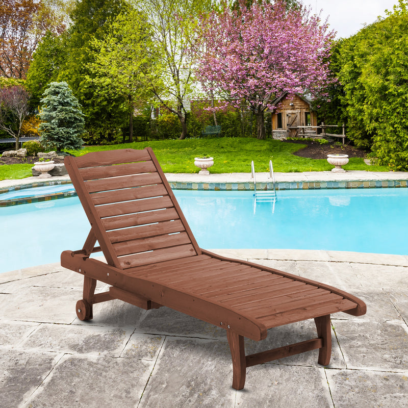 Brown Wooden Sun Lounger Chair With Wheels Adjustable Back and Side Table for Garden
