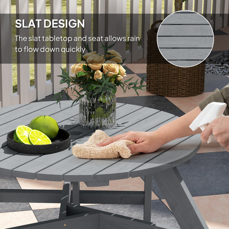 6 Seater Round Wooden Picnic Table With Benches and Parasol Hole for Garden and Patio Grey by Outsunny Outsunny