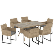 Rattan Garden Dining Set for 6 with Cushioned Chairs and Easy Clean Table Light Brown Outsunny