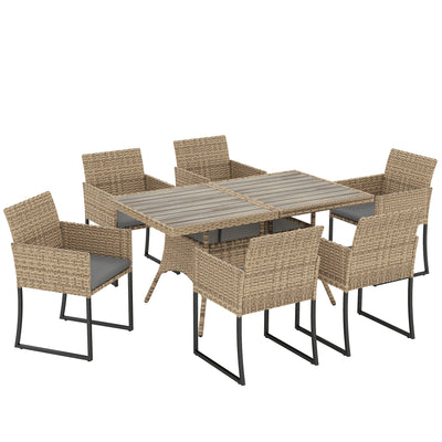 Rattan Garden Dining Set for 6 with Cushioned Chairs and Easy Clean Table Light Brown Outsunny