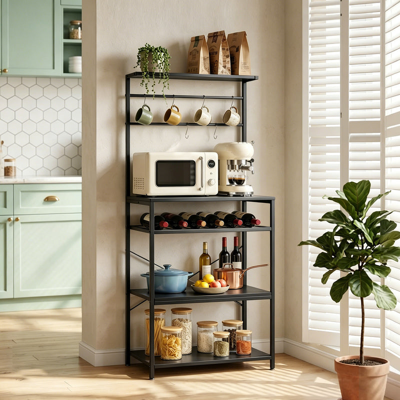 Kitchen Storage Shelf with Wine Rack and Hooks for Small Spaces Black
