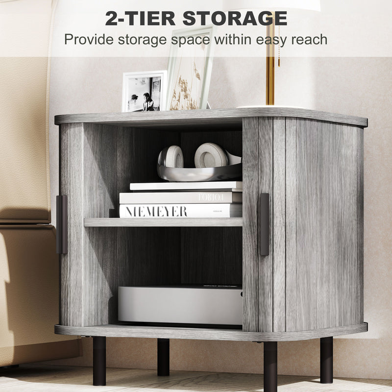 Nordic Bedside Table with Sliding Roller Doors and Metal Legs for Bedroom Grey