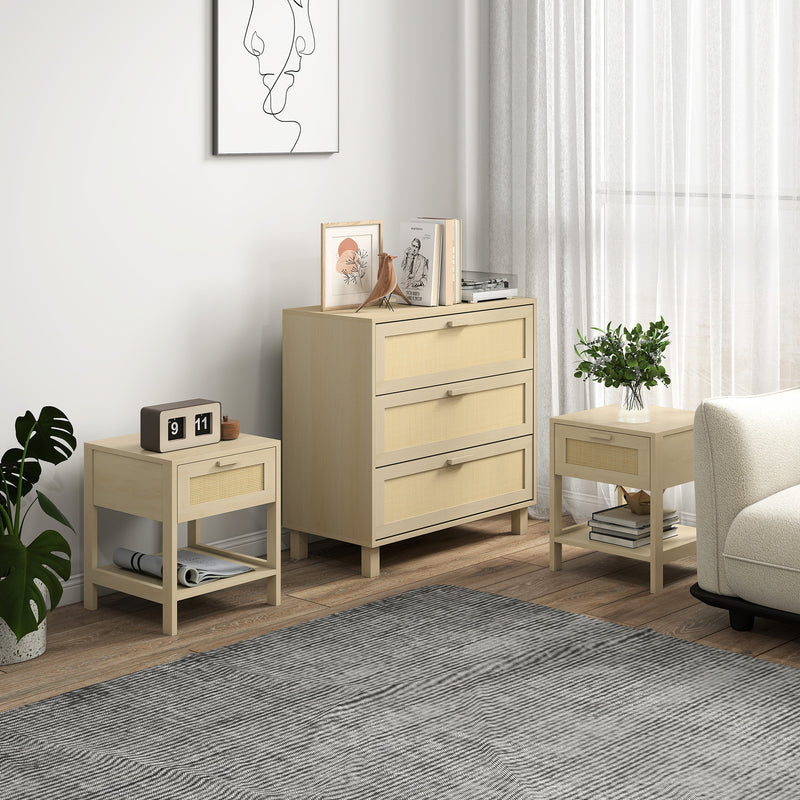 Bedroom Storage Set with 3 Drawer Chest and 2 Nightstands for a Calm Organised Space Natural Wood