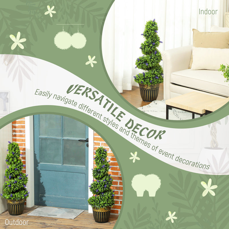 Set of 2 Artificial Boxwood Spiral Topiary Trees with Lavender in Pots 90cm for Indoor Outdoor Decor