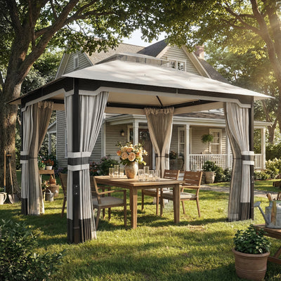 3x3.6m Metal Garden Gazebo with Curtains and Mesh for Shaded Private Outdoor Seating, Light Grey Outsunny