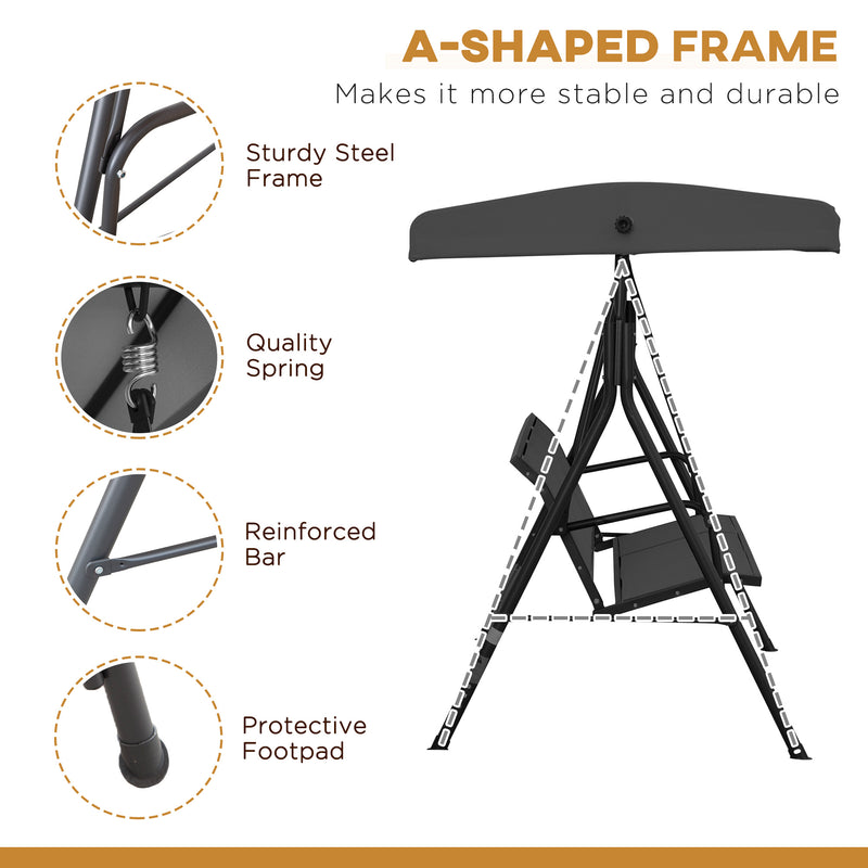 Black Three Seater Garden Swing Chair With Adjustable Canopy For Shaded Outdoor Comfort