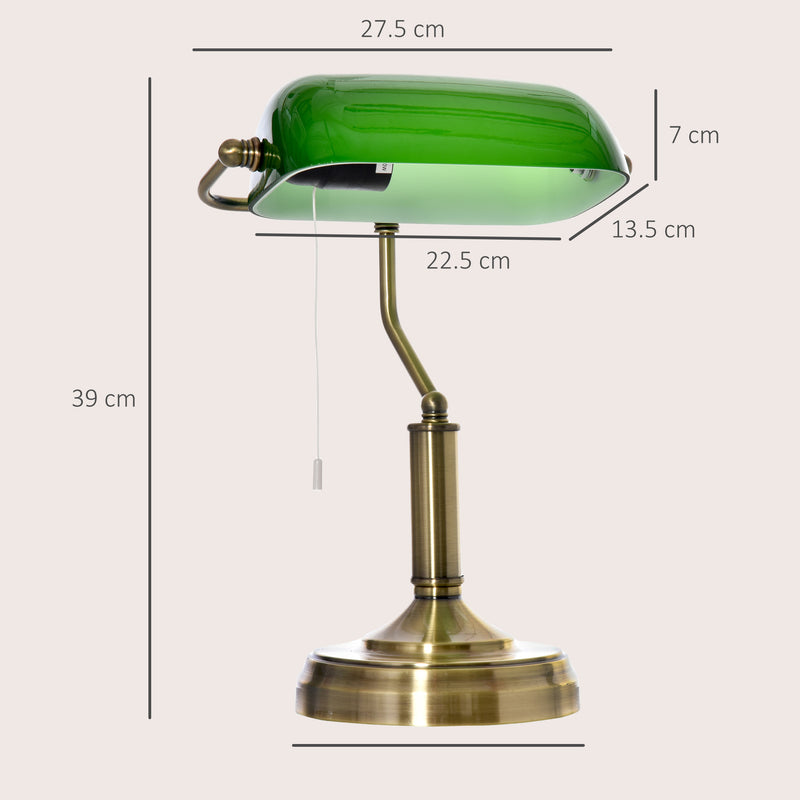 HOMCOM Banker's Table Lamps Set of 2, Desk Lamps with Antique Bronze Tone Base, Green Glass Shade and Pull Rope Switch for Home Office, Living Room, Bedroom, Dining Room, Green AOSOM