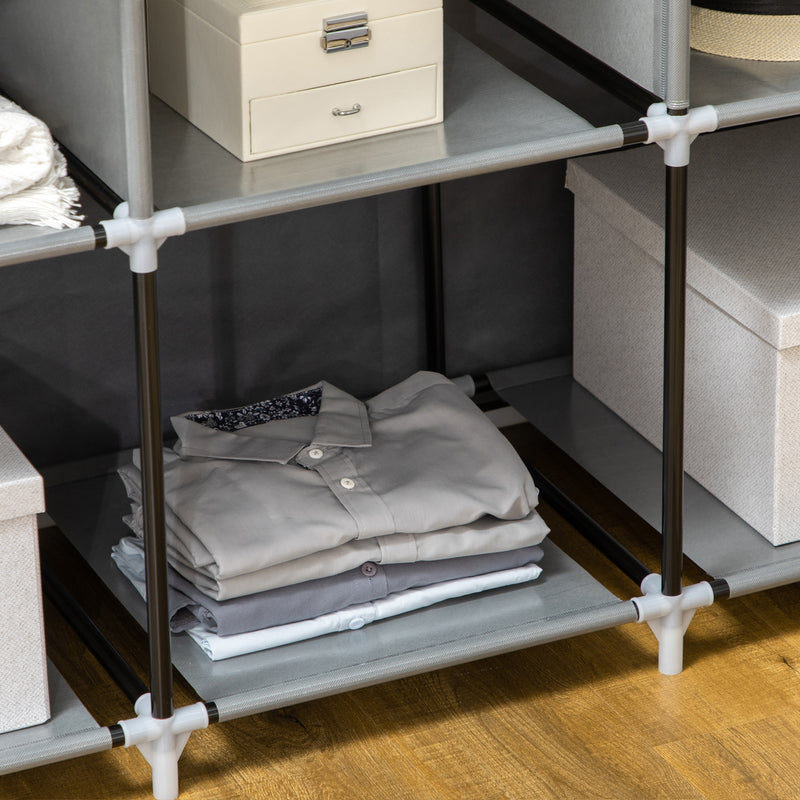 Dark Grey Fabric Portable Wardrobe with 8 Shelves and 2 Hanging Rods by HOMCOM