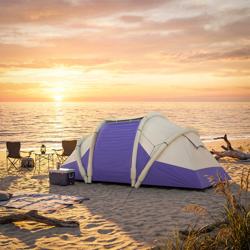 Inflatable Family Tent with Two Bedrooms and Fast Five Minute Setup for Easy Camping Purple White