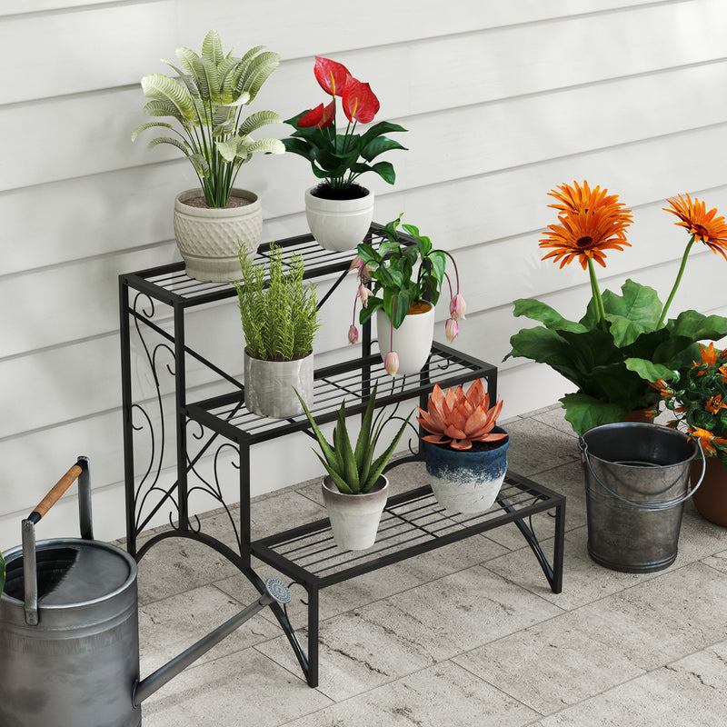 Black 3 Tier Metal Plant Stand for Indoor and Outdoor with Vintage Ladder Design by Outsunny