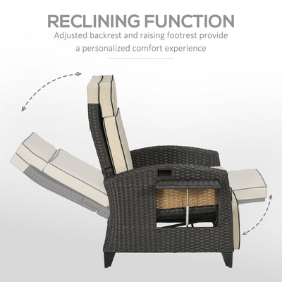 Deluxe Rattan Reclining Garden Chair With Cushions - Side Tray And Footrest Ideal For Garden -  Khaki & Brown Outsunny
