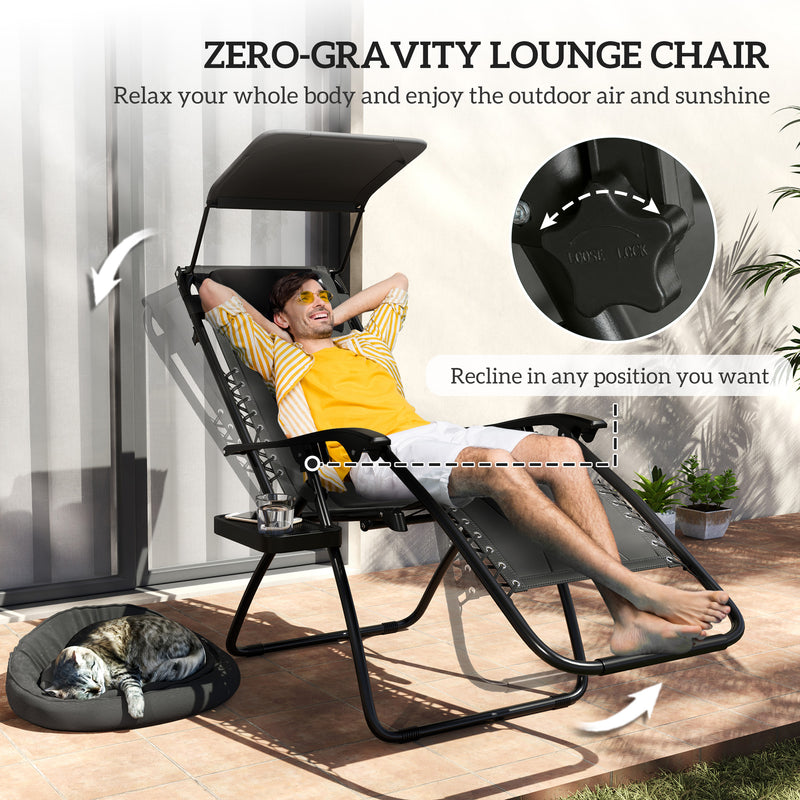 Black Zero Gravity Reclining Outdoor Chair with Shade Cup Holder and Cushion by Outsunny