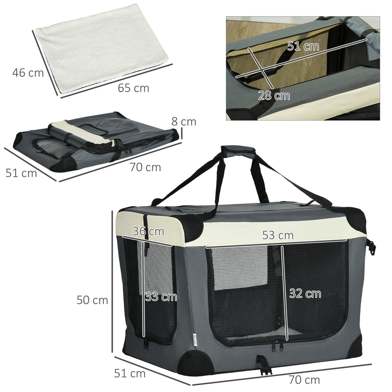 Foldable Pet Carrier With Soft Cushion Ideal for Small Dogs and Cats 70cm, Grey