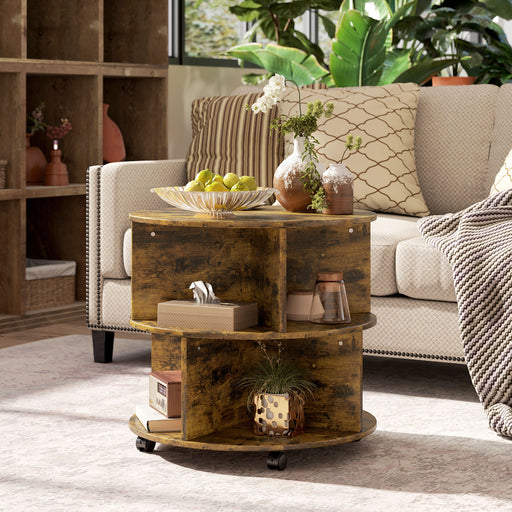 Rustic Brown 3 Tier Round Coffee Table with Wheels and Divided Shelves for Living Room by HOMCOM