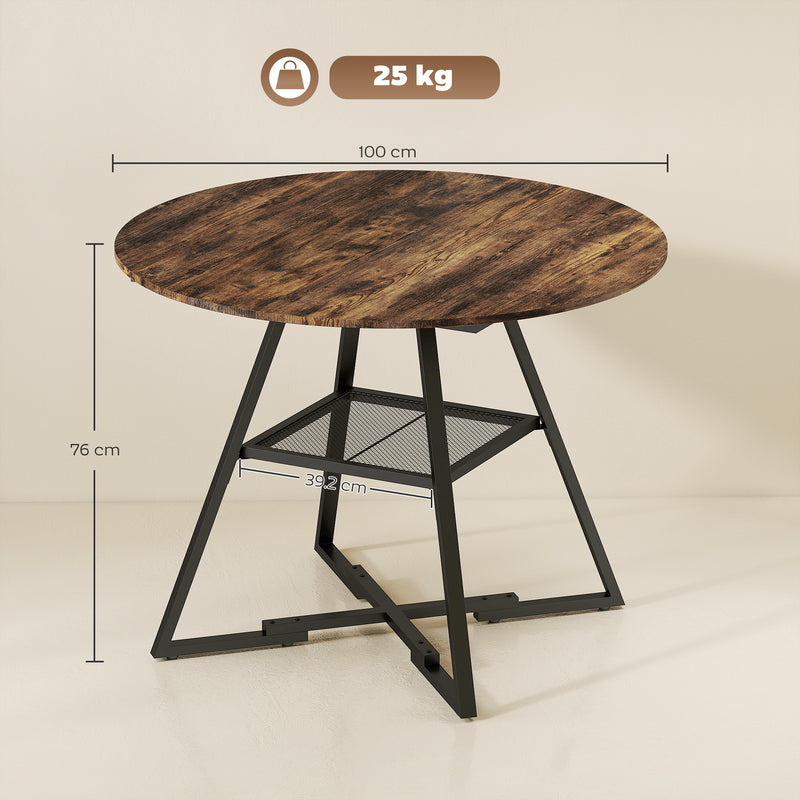 4 Seater Round Dining Table with Storage Shelf Modern Industrial Style Rustic Brown Black