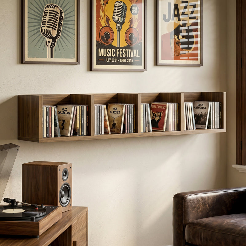 CD Storage Unit Wall Mounted Organiser with 4 Sections for 60 Discs Walnut Brown