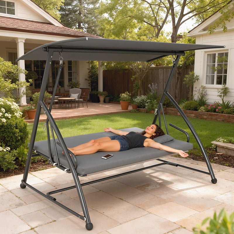 Patio Swing - 3 Seater Garden Swing Chair Lounger With Tilt Canopy And Cushions For Relaxing, Dark Grey