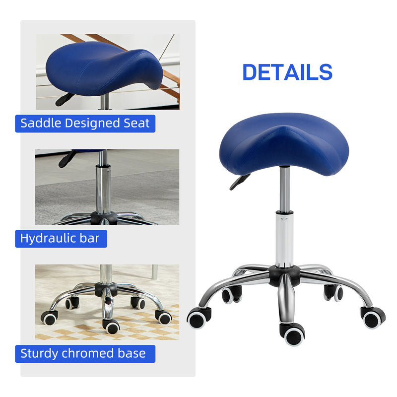 Height Adjustable Saddle Stool for Salon or Spa with Faux Leather Seat Dark Blue