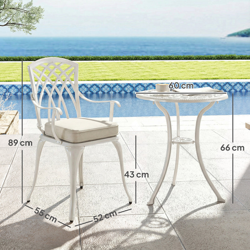Garden Bistro Set for 2 with Cushions and Parasol Hole, Cast Aluminium White Outsunny