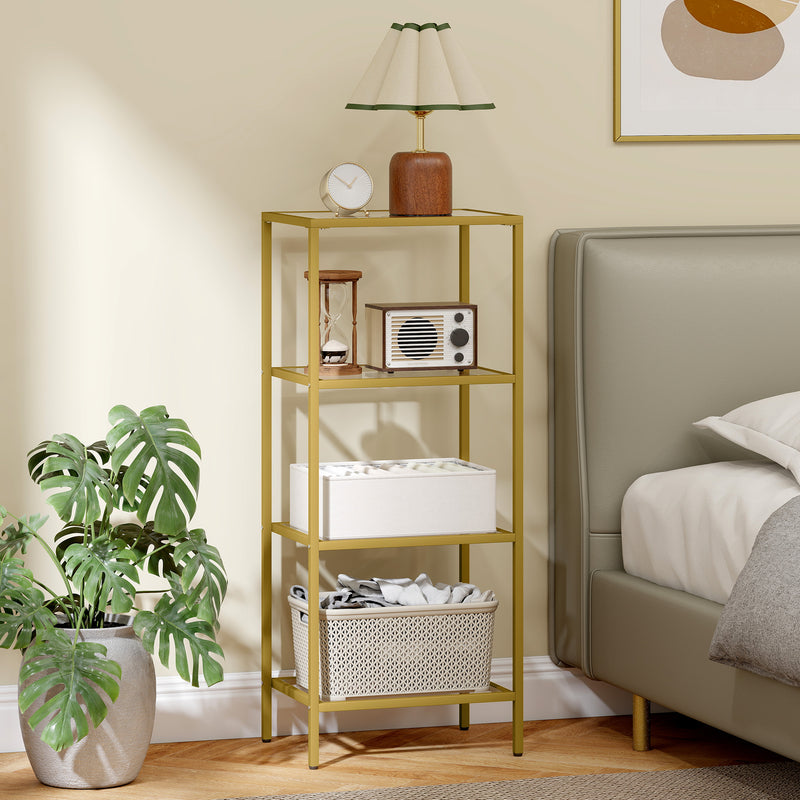 4 Tier Glass Shelving Unit For Living Room Or Office With Vertical Storage, Gold Tone