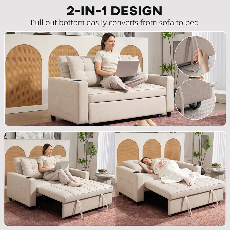 Two Seater Pull Out Sofa Bed with Storage Ideal for Guests and Small Spaces, Beige