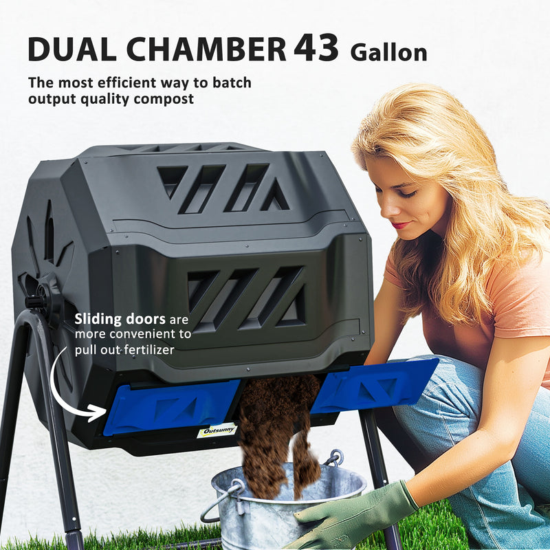 160L Dual Chamber Rotating Garden Composter in Blue by Outsunny