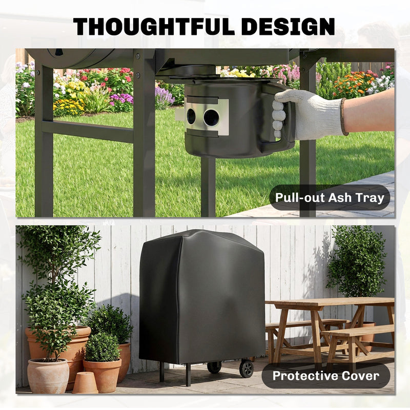 Barrel Charcoal BBQ Grill for Easy Outdoor Cooking with Large Cooking Area and Storage Black Outsunny