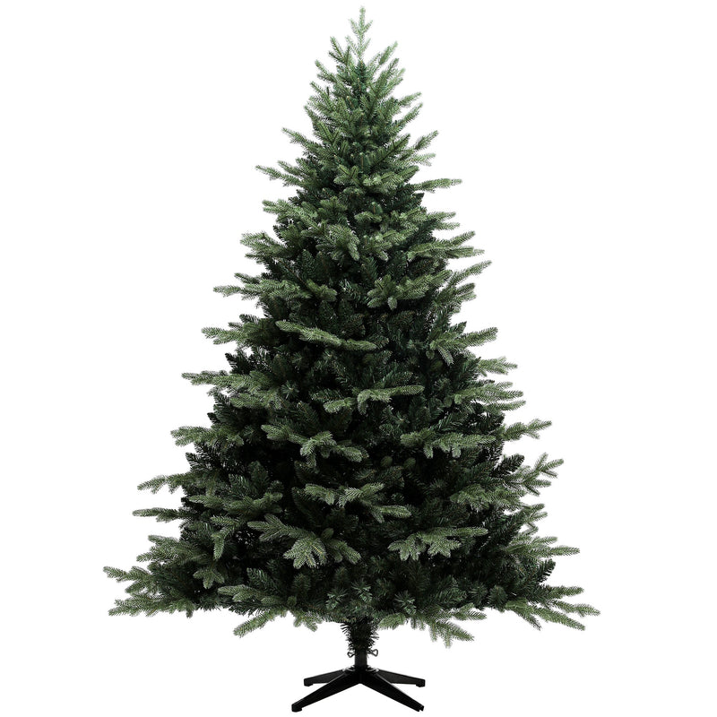 7ft artificial spruce Christmas tree on a black metal stand against a plain white background