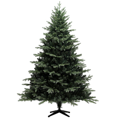 7ft artificial spruce Christmas tree on a black metal stand against a plain white background